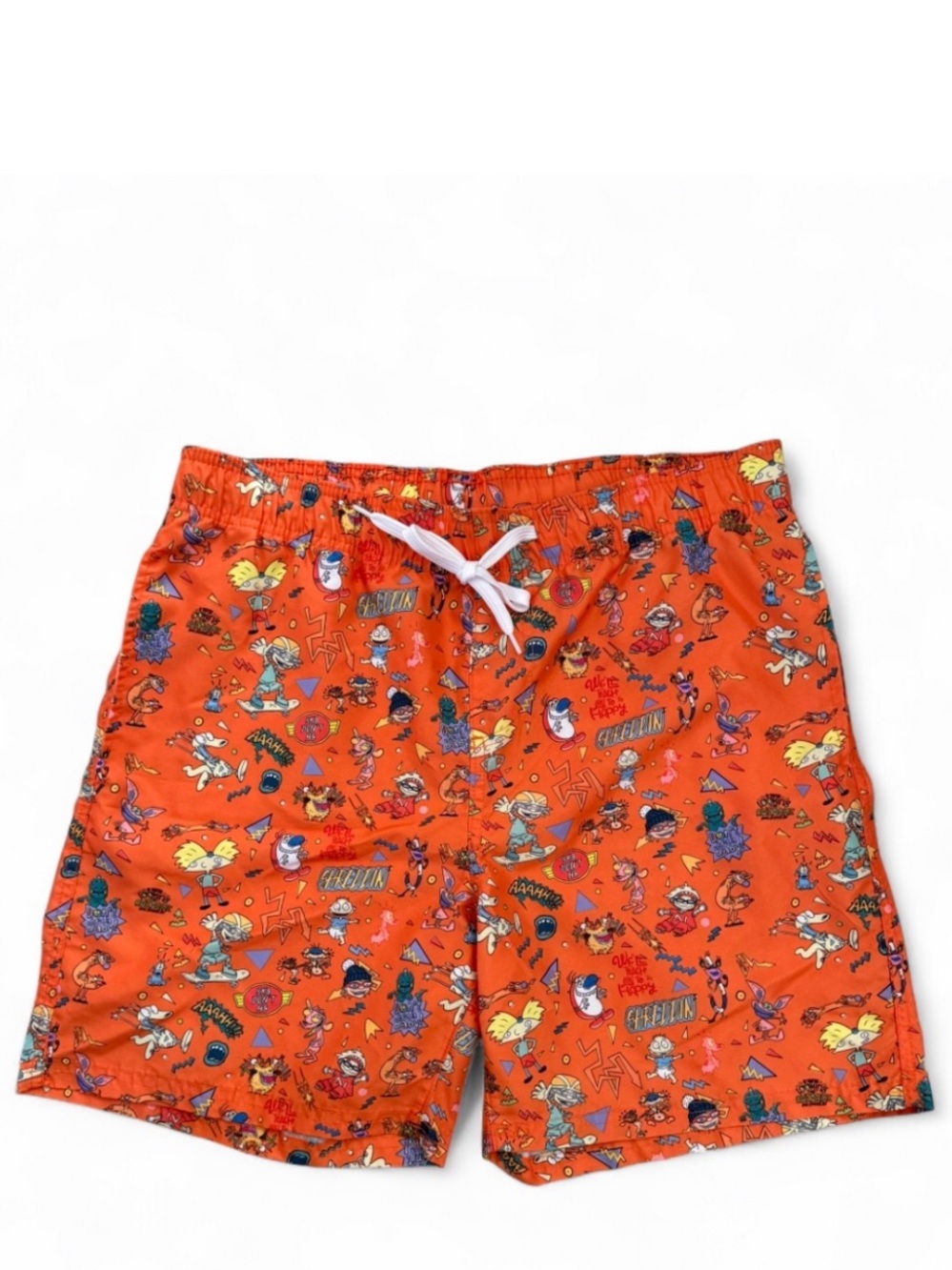 Retro 90s Nickelodeon Cartoon Characters Print Swim Shorts Size Men’s Large